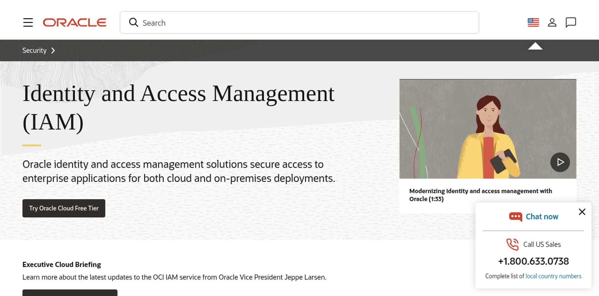 The Oracle identity management page, showing its identity governance offerings