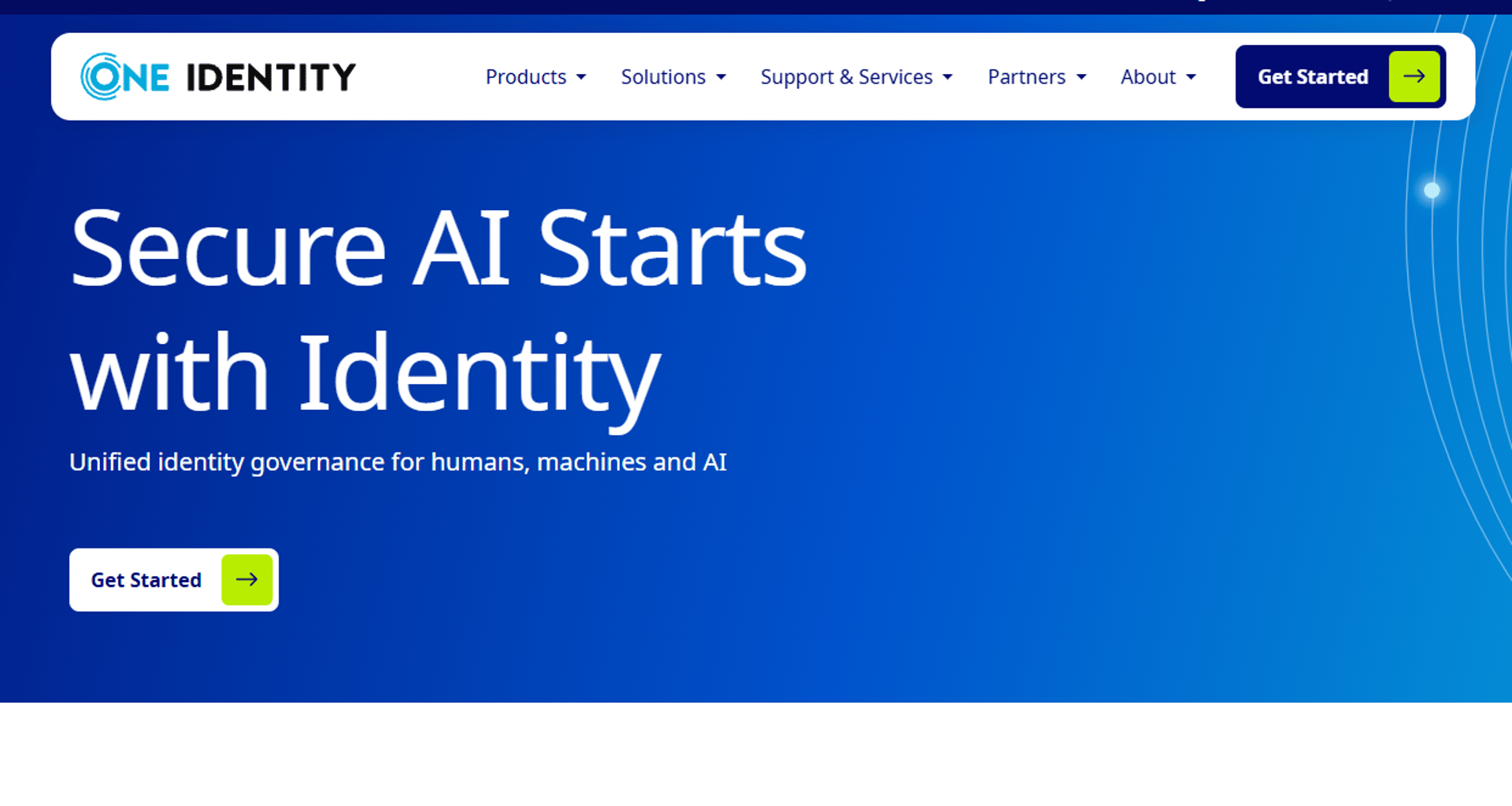 The One Identity homepage, showing its unified identity governance platform