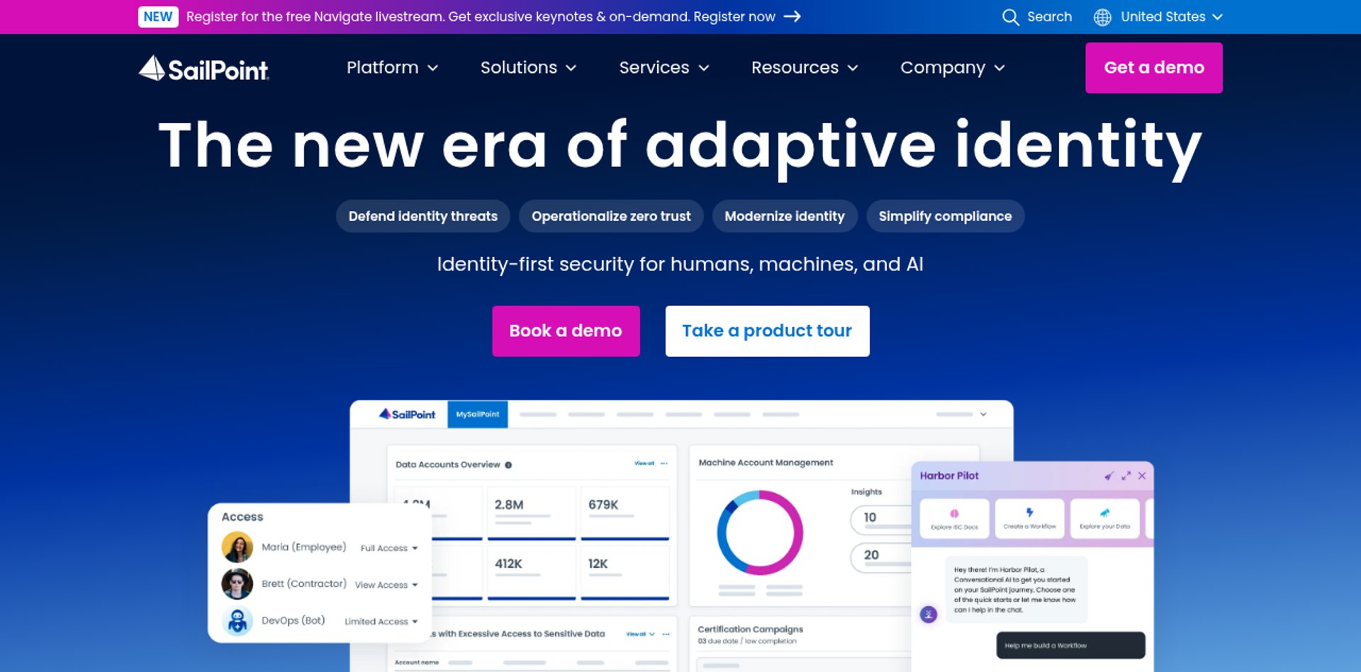 The SailPoint homepage, showing its identity security platform