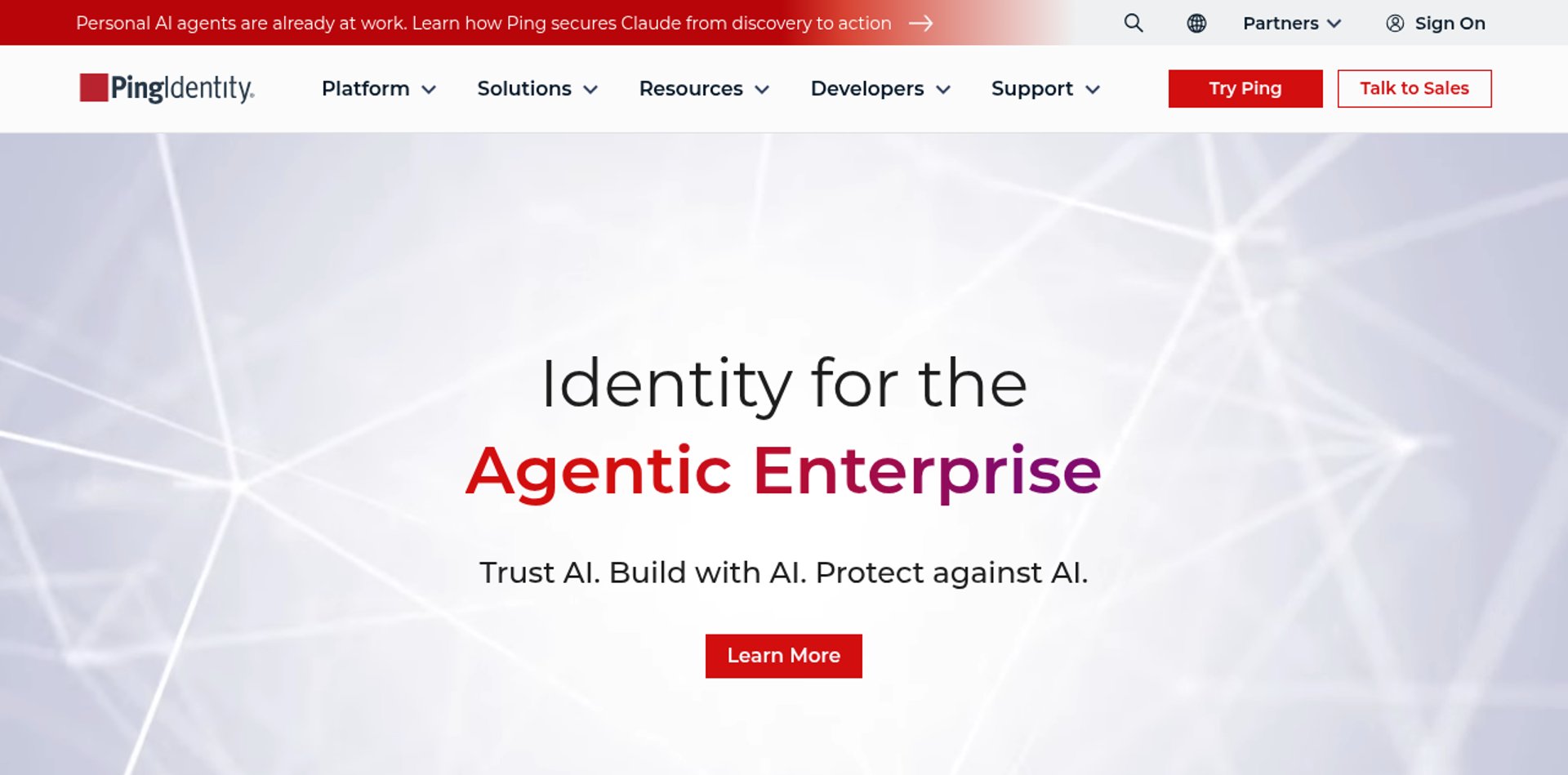The Ping Identity homepage, showing its identity security products