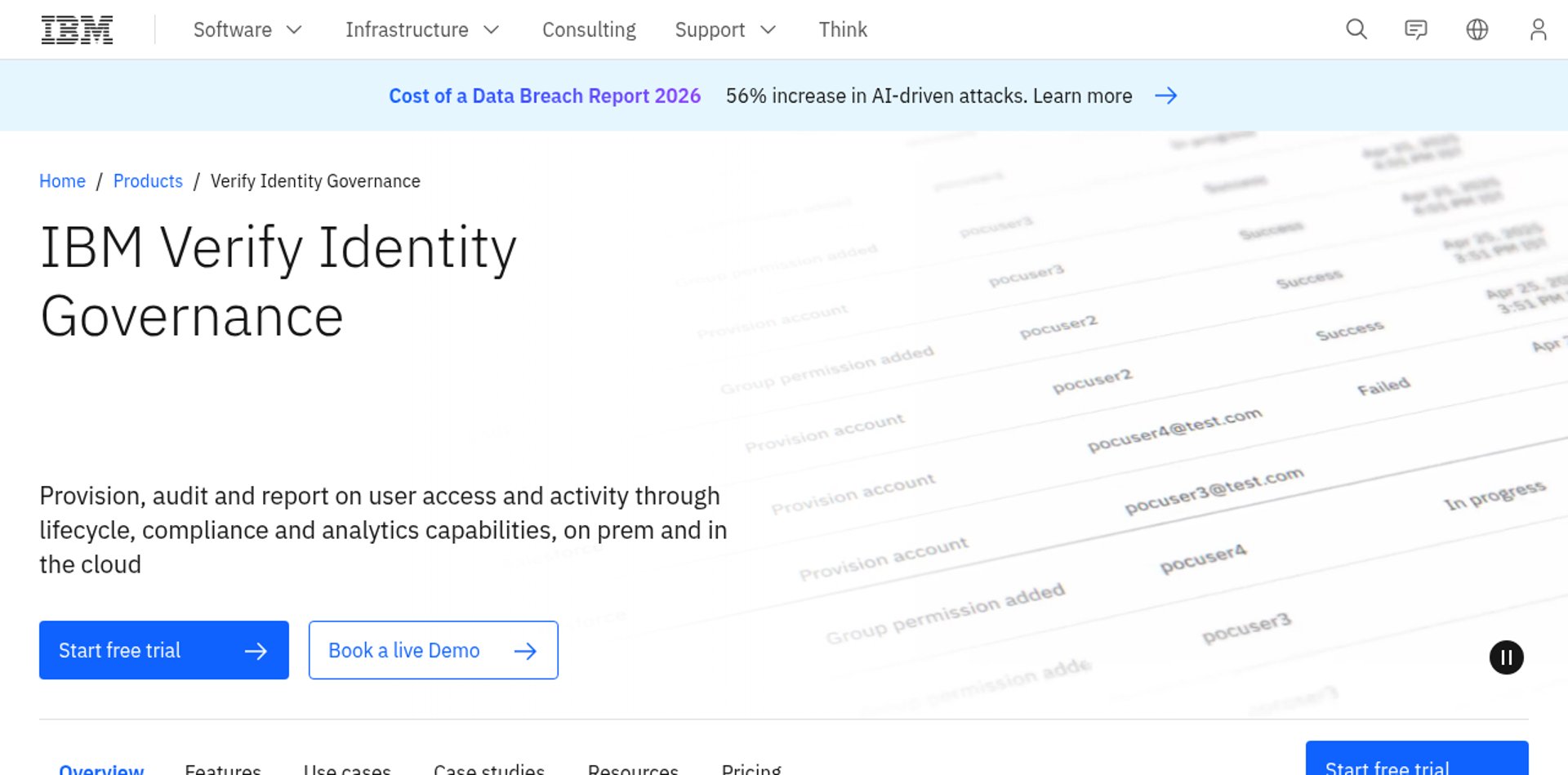 The IBM Security Verify Governance page, showing its identity governance product overview