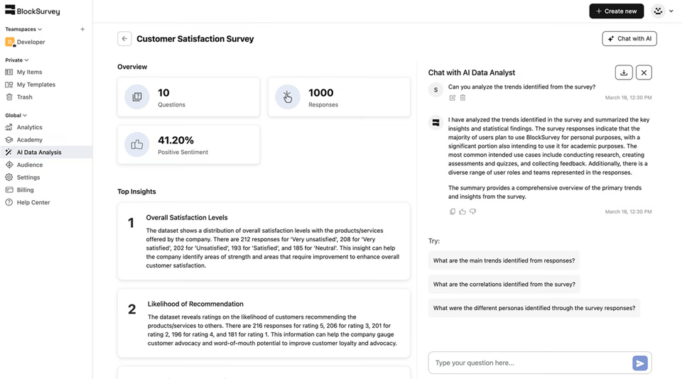 Chat with BlockSurvey’s AI Survey Assistant to get answers you need fast